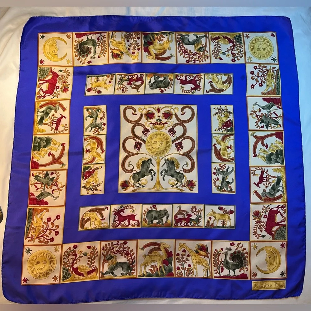 Christian Dior Silk Scarf Vtg Tree of Life Unicorn Animals Sun Moon HR 34 x 34